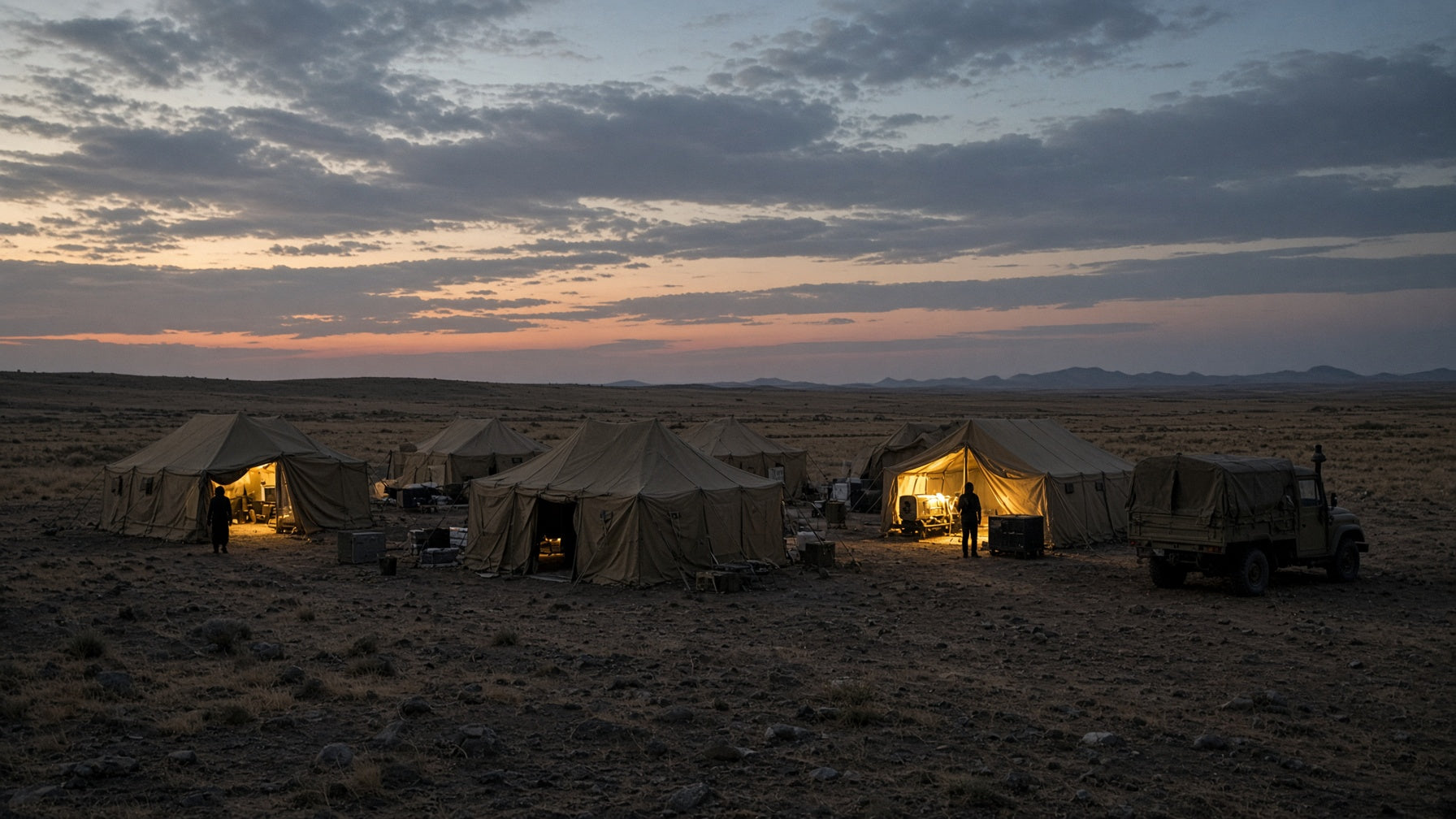 Field tents at dusk